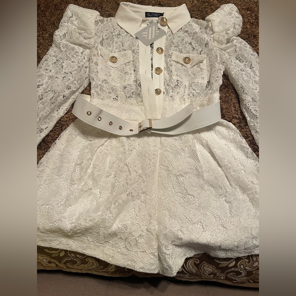 Elegant White Lace Romper with Belt